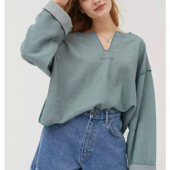 Urban Outfitters Sweaters - Urban Outfitters Jax turquoise inside out cropped notch neck sweater small